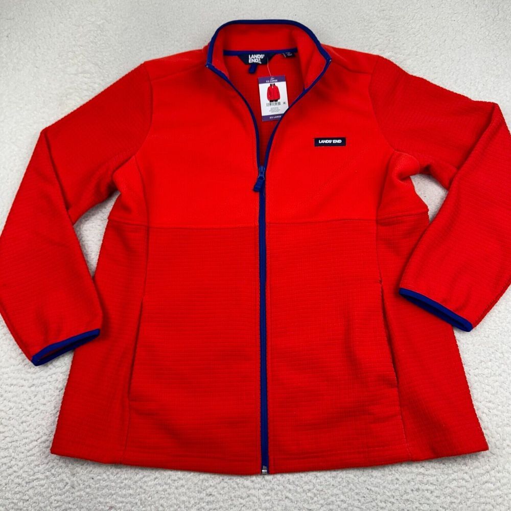 NWT Lands End Jacket Womens XXL Full Zip Grid‎ Fleece Long Sleeve Red Blue Trim